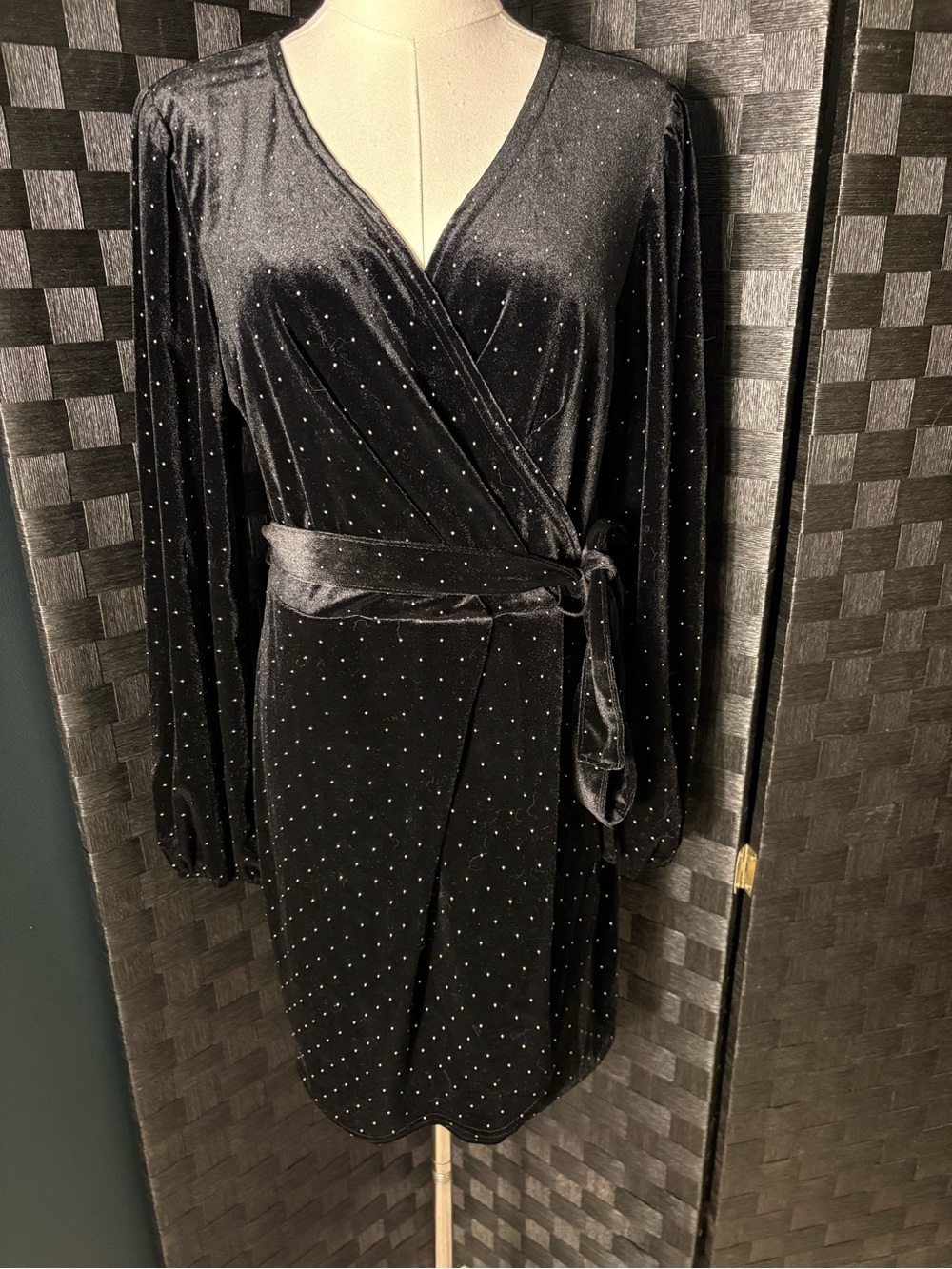 Nine West Faux Wrap Black Velvet with Silver Studding Dress